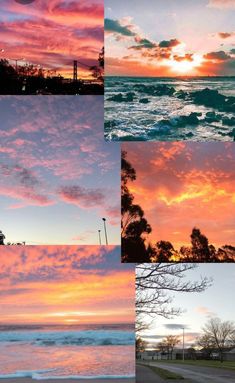 multiple pictures of different sunsets over the ocean