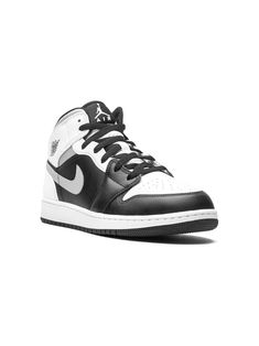 black/white/smoke grey leather logo-embossed tongue front lace-up fastening signature Swoosh logo detail round toe flat rubber sole These styles are supplied by a premium sneaker marketplace. Stocking only the most sought-after footwear, they source and curate some of the most hard to find sneakers from around the world Air Jordan 1 Junior, Boys Shoes Youth Jordan, Air Jordan 1 Mid White Shadow, Air Jordan 1 Mid White, Jordan 1 Mid White, Mid Sneakers, White Shadow, Black Jordans, Kids Jordans