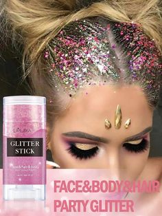 Pink  Collar  Plastic  Wig Glue Embellished   Wigs & Accs Glitter Face Makeup, Little Mermaid Makeup, Glitter Stick, Sparkle Makeup, Wig Glue, Face Glitter, Summer Carnival, Rave Hair, Rose Makeup