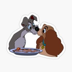 lady and the tramp kissing over a plate of food