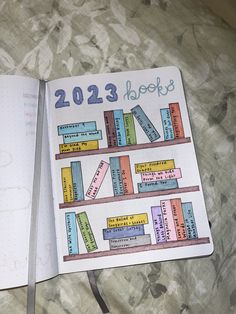 an open notebook with books on it and the numbers 2013 - 2013 written in blue