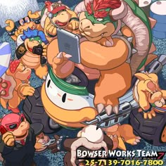 a group of cartoon characters standing in front of an advertisement for bowser works team