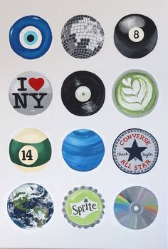 a collection of various stickers on a white surface