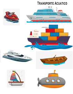 different types of boats and ships are shown in this graphic style, with the words transporte acuatico written below