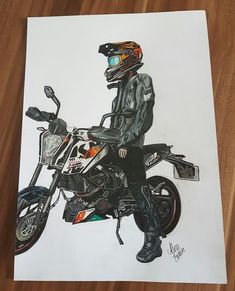 a drawing of a man on a motorcycle with helmet and goggles sitting on the bike