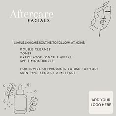 Canva template. Digital download. Fully customisable. Aftercare advice for clients for beauty treatments. Personalise with own brands logo, colour schemes. Template link will be emailed once purchase has been made. Esthetician Aesthetic, Clean Skin Face, Esthetician Inspiration, Esthetician Quotes, Facial Room, Facial Routine Skincare, Dreams Spa, Brands Logo, Esthetician Marketing