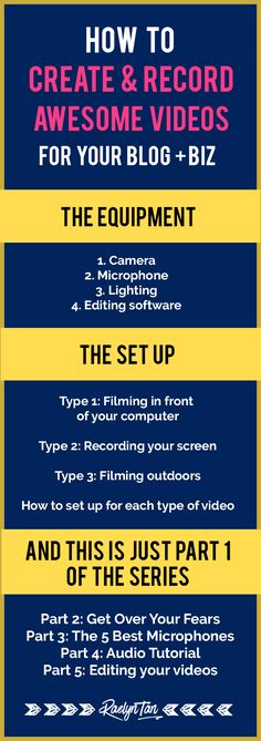 four different types of text on a blue and yellow background with the words how to create & record awesome videos for your blog - biz