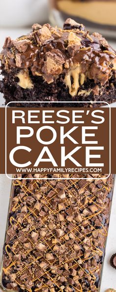 Two images and a text box in the center Reeses Desserts, Reese's Recipes, Easy Cake Recipe, Poke Cake Recipe, Chocolate Peanut Butter Desserts, Reese's Chocolate, Chocolate Poke Cake, Food Habits, Butter Cake Recipe