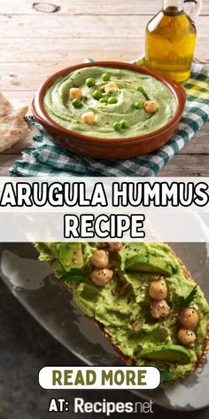 Arugula Hummus in a bowl and on top of bruschetta bread Crockpot Fruit, Tofu Meals, Pesto Arugula, Gluten Free Pesto, Homemade Pesto Recipe, Dishes Recipe, Easy Hummus Recipe, Arugula Recipes, Italian Foods