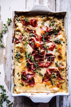 a casserole dish with meat and cheese