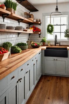 a kitchen filled with lots of counter top space and open shelves next to a sink