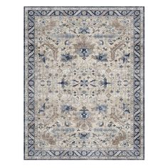 a beige and blue rug with an intricate design