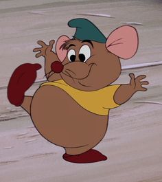 a cartoon mouse is standing on one leg and holding his hands out in the air