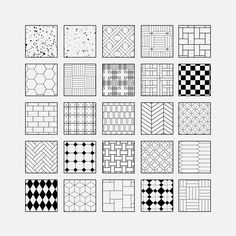 black and white tile patterns are arranged in squares, rectangles, and diagonals