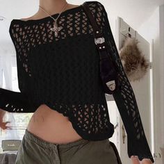 Lasaky - Sheer Mesh Knit Sweater with Hollow-out Round Neckline and Loose Fit Crop Pullover, Smock Top, Y2k Clothes, Sleeves Clothing, Mesh Long Sleeve, Long Sleeve Knit Tops, Casual Pullover, Look Chic, Long Sleeve Knit