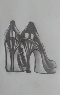 a pencil drawing of a pair of high heeled shoes on a white paper background