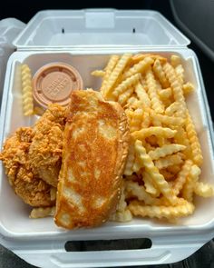 chicken sandwich and fries in a styrofoam container