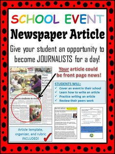 a newspaper article with the words school event newspaper article and an arrow pointing to it