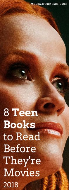 a woman with red hair and blue eyes has her head turned to the side, text reads 8 teen books to read before they're movies