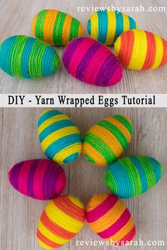 yarn wrapped eggs sitting on top of a wooden table next to each other with the words diy yarn wrapped eggs