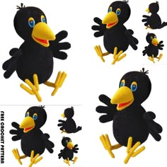 four different images of a black bird with yellow legs and feet, one in the process of making it's own character