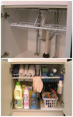 two pictures of the inside of a kitchen cupboard with cleaning products and dishes in it