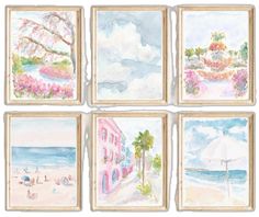 four watercolor paintings of beach scenes are displayed on a white background with wooden frames