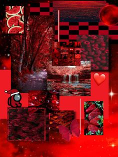 a collage of red images with hearts and trees in the background, including an apple tree