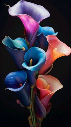 a painting of colorful flowers on a black background