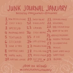 a pink poster with the words junk journal written in red and white lettering on it