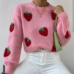 Cute Strawberry Pink Sweater Size Small Nwot Round Neck Drop Shoulder Long Sleeve Regular Fit 100% Polyester Hand Wash Or Professional Dry Clean Strawberry Embroidery, Pull Rose, Drop Shoulder Sweaters, Women Sweaters, Oversized Pullover, Formal Dresses For Women, Cute Sweaters, Lantern Sleeves, Knitwear Women