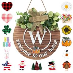 welcome to our home sign surrounded by fall decorations and stickers on a white background