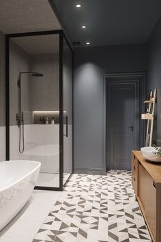 a bathroom with a bathtub, sink and shower in the middle of the room