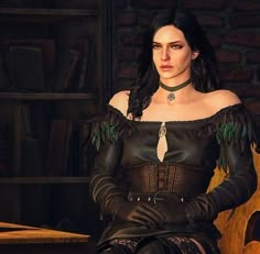 a woman sitting on top of a wooden chair in a black corset and leather gloves