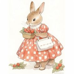 a watercolor painting of a rabbit in a dress holding a basket with strawberries