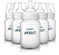 six bottles with the words philips avent printed on them and one bottle is empty