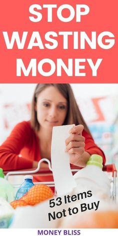 a woman sitting in front of a shopping cart holding a piece of paper with the words stop wasteing money on it