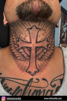 a man with a cross and wings tattoo on his neck is looking at the camera