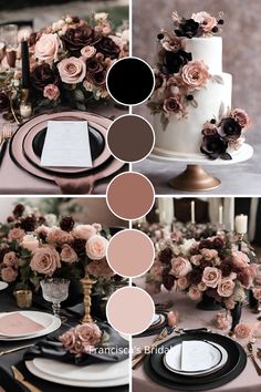 the table is decorated with pink and black flowers, candles, plates, and napkins