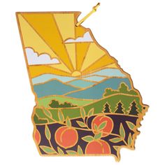 the state of indiana is depicted in this colorful wooden magnet with an image of mountains and trees