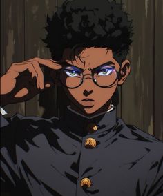 an anime character wearing glasses and looking at the camera while standing in front of a wooden wall