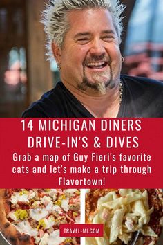 a man smiling and holding a fork in front of a pizza with the words michigan diners drive - ins & dives grab a map of guy's favorite eats and let's make trip through downtown