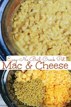 macaroni and cheese in a crock pot with text overlay