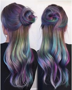 This as underlights would be incredible... Peacock Hair Color, Oil Slick Hair Color, Oil Slick Hair, Slick Hair, Unicorn Hair Color, Peacock Hair, Dyed Hair Pastel, Multi Colored Hair, Hair Techniques