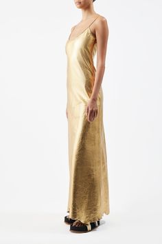 Teles Slip Dress in Leather – Gabriela Hearst Chic Leather Formal Dresses, Luxury Gold Maxi Dress For Cocktail, Luxury Sheath Evening Dress, Luxury Leather Dresses For Formal Occasions, Elegant Leather Cocktail Dress, Sleek Gold Evening Dress, Fitted Leather Cocktail Dress, Chic Leather Evening Dresses, Sleek Leather Evening Dress