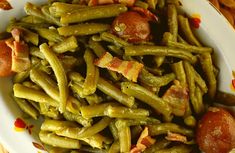 green beans and bacon in a white bowl