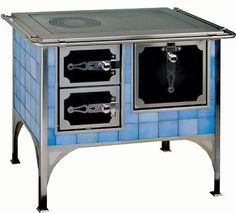 an old fashioned stove with blue tiles on the front and sides, has two burners