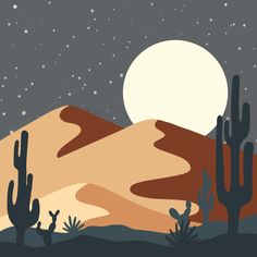 a desert scene with cacti and the moon