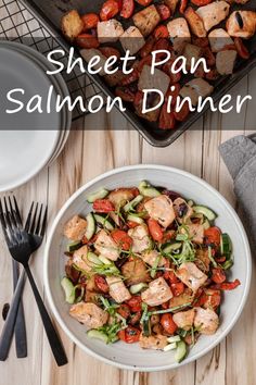 a plate of food with meat and vegetables on it, next to a pan filled with salmon