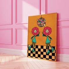 an image of two women with flowers on their heads standing in front of a pink wall